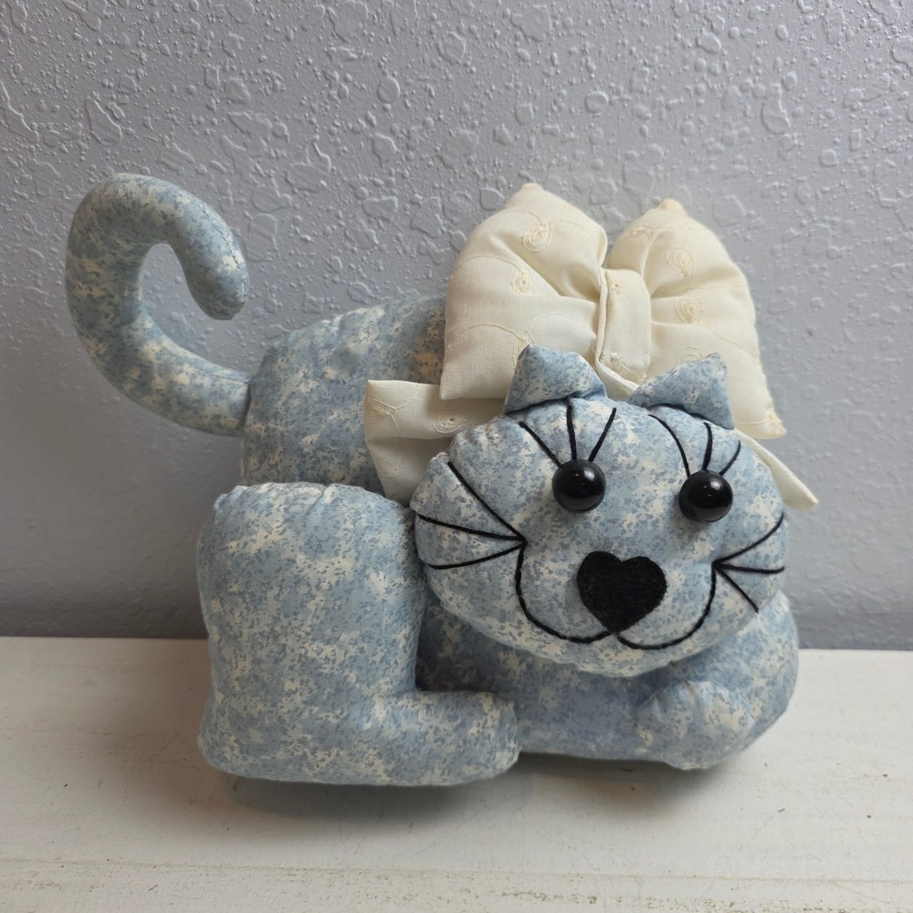 Handmade Blue Mottled Fabric Cat Plush Figurine Cream Eyelet Bow Shelf Sitter